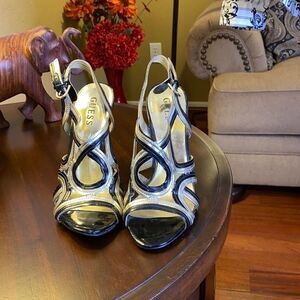 Guess Black & Silver Strappy Sandals, Sz 7